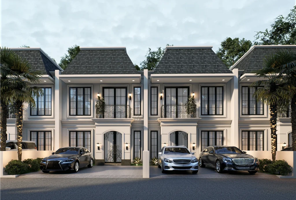 Render tampak depan rumah dua lantai bergaya American Classic di Taman Bougenville Estate